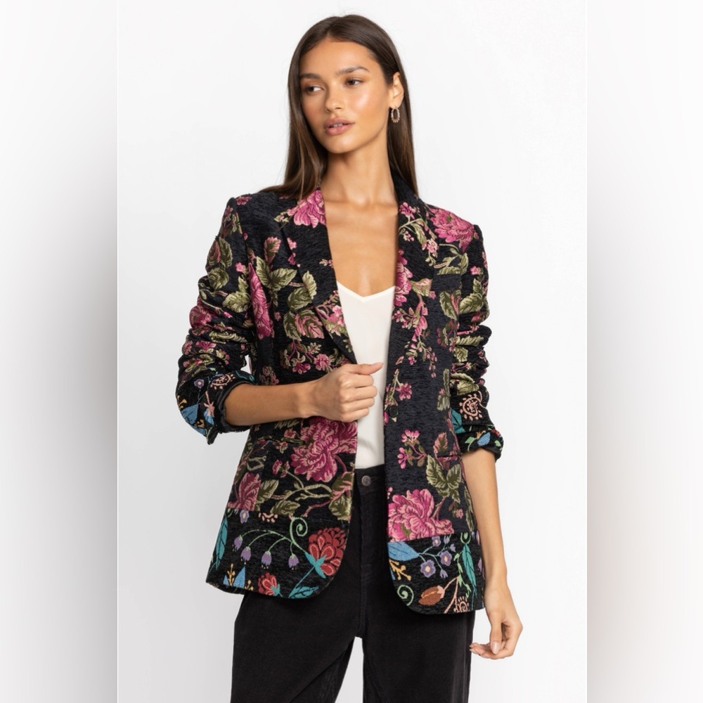 Johnny Was Rosalyn Jacquard Jacket Floral Blazer in Black and Pink Size M